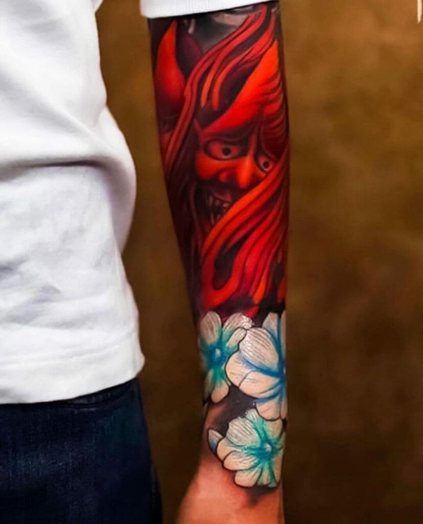 The Fiery Hanya Mask X Blue Blossoms Sleeve Tattoo