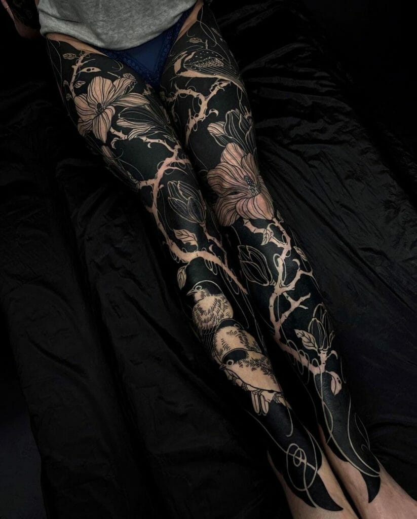 The Full Leg Sleeve Flowers X Birds Black Ink Tattoo