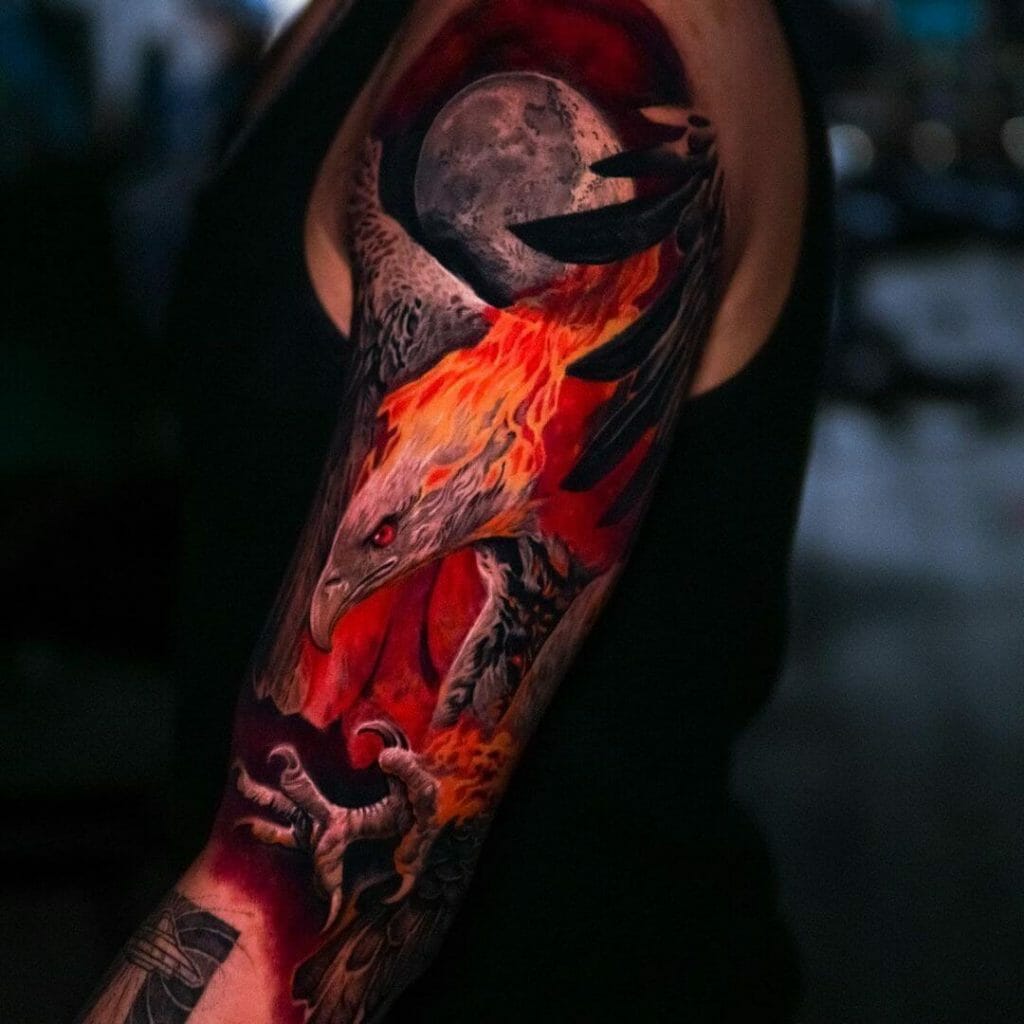 The Gorgeous Eagle On Fire Sleeve Tattoo