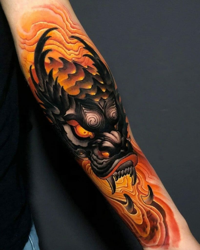 The Menacing Dragon X Flame Sleeve Tattoo