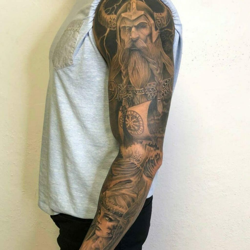 The Norse Symbol And Viking Ship Tattoo Sleeve