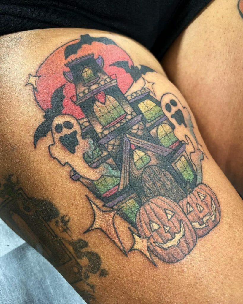 The Spooky Faded Haunted House Tattoo