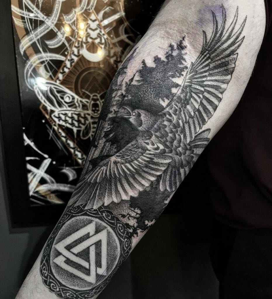 The Valknut And Odin's Raven Nordic Tattoo Sleeve