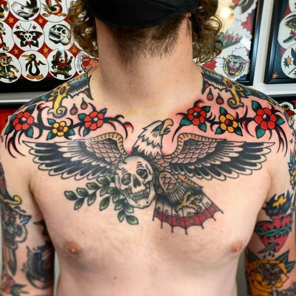 Traditional And Colourful Floral Collar Bone Tattoo