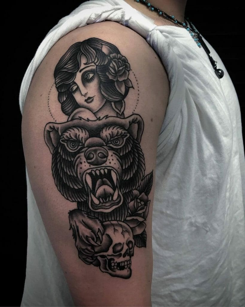 Traditional Bear Tattoo With Girl Design