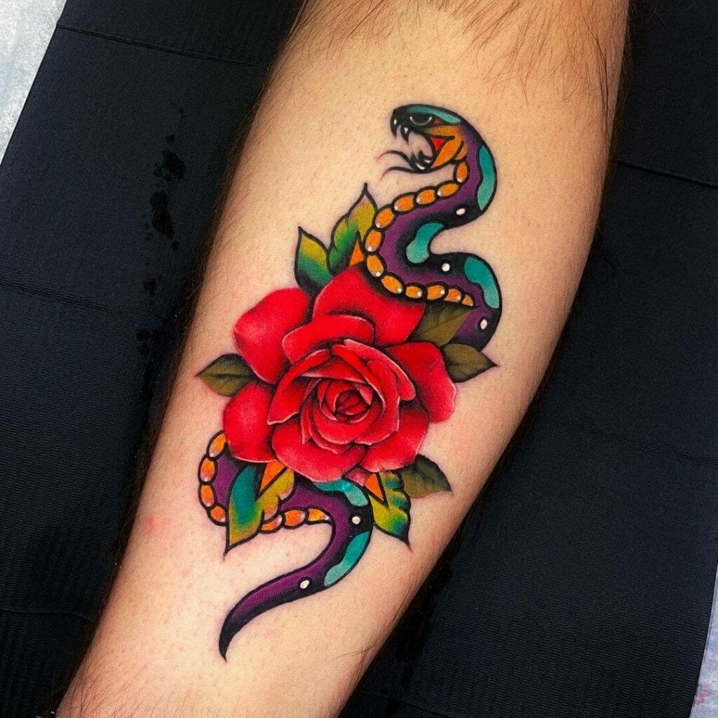 Traditional Flower And Snake Tattoo