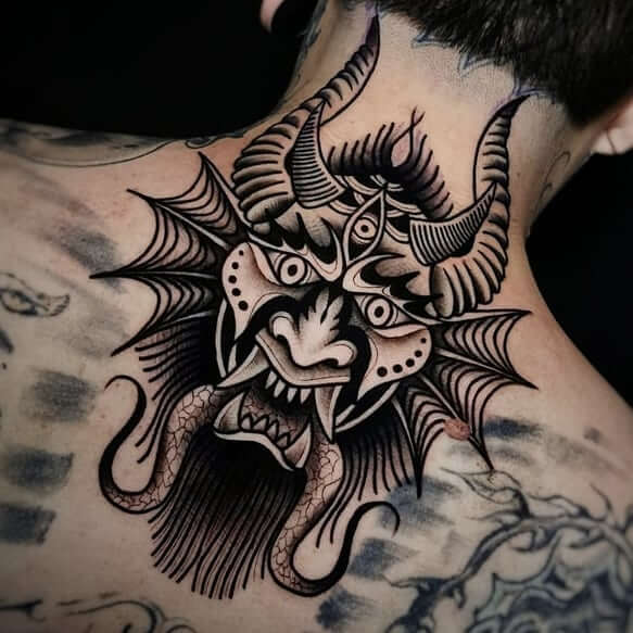 Traditional Oni Mask Tattoo For Back
