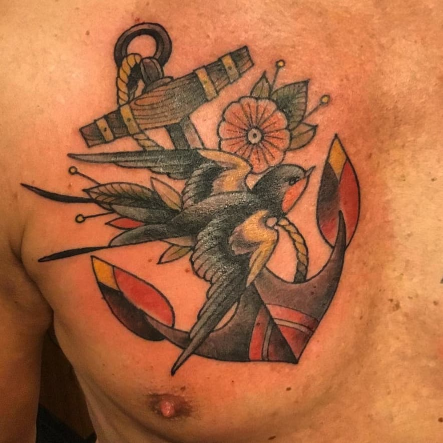 Traditional Swallow Chest Tattoo Anchor
