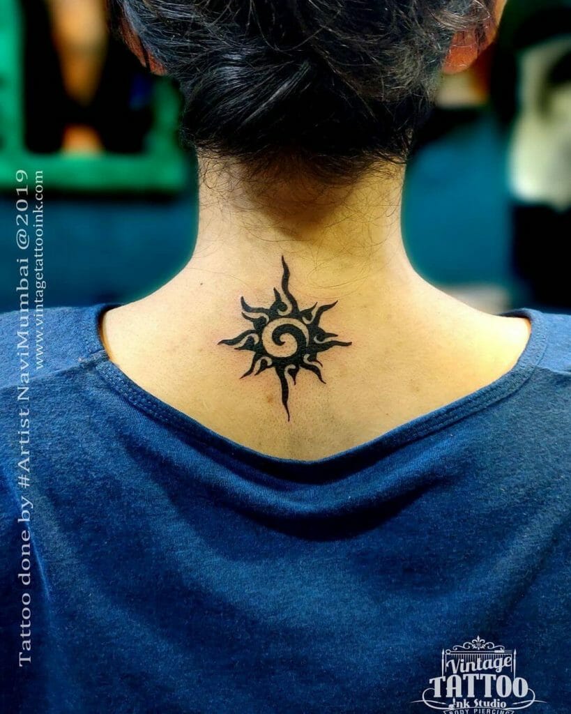 Tribal Sun Tattoo Design On Neck