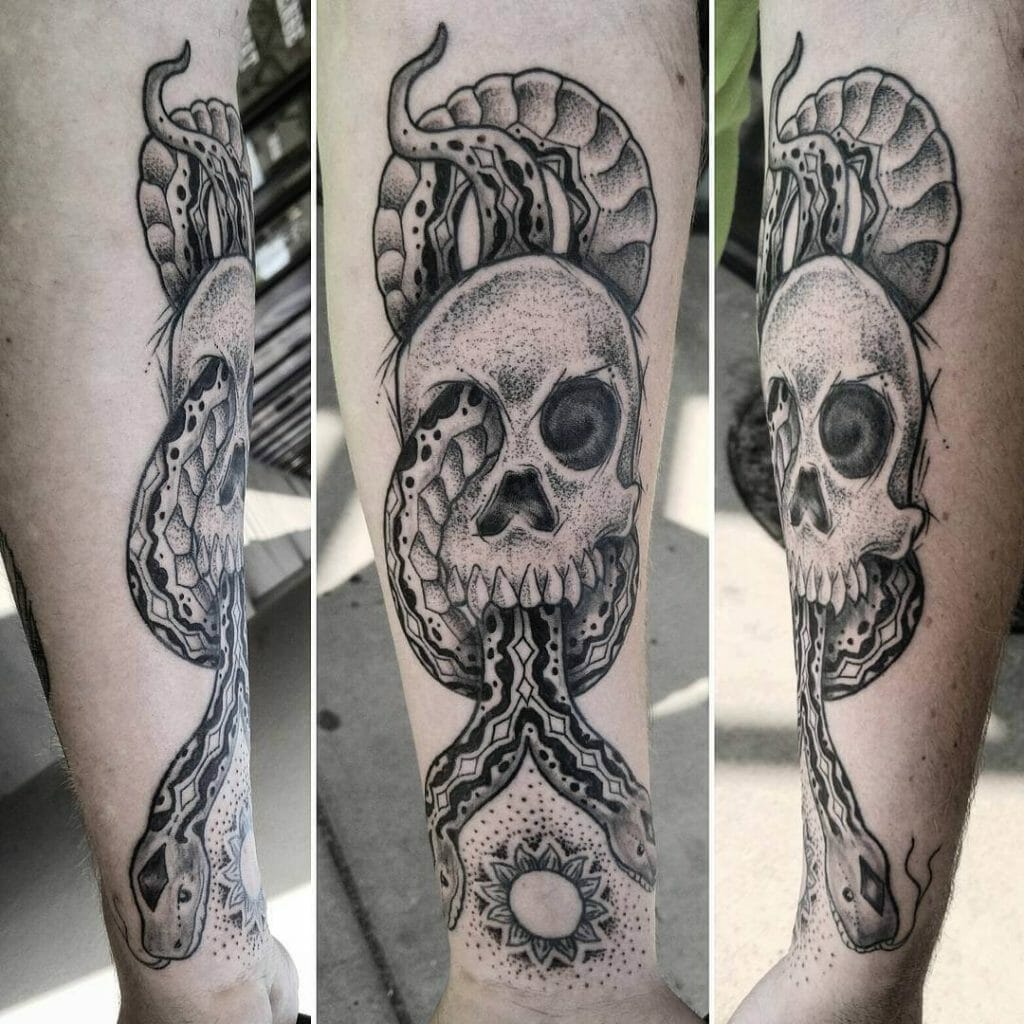 Two-Headed Snake And Skull Tattoo