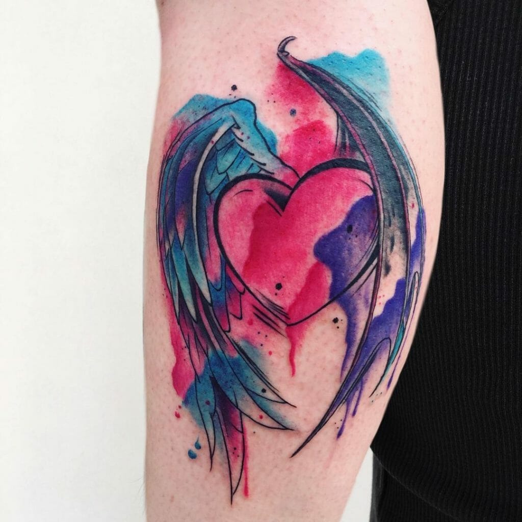 Watercolor Angel Wings With Heart Tattoo