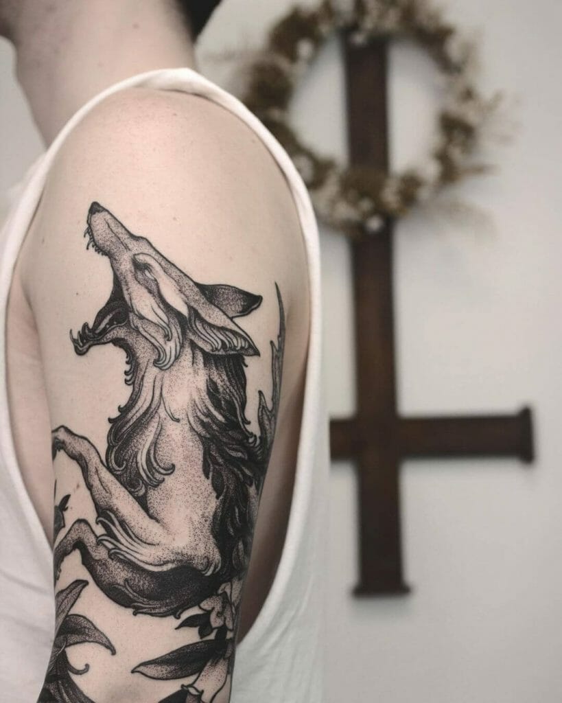 Werewolf Howling Among Atropa Belladonna Tattoo