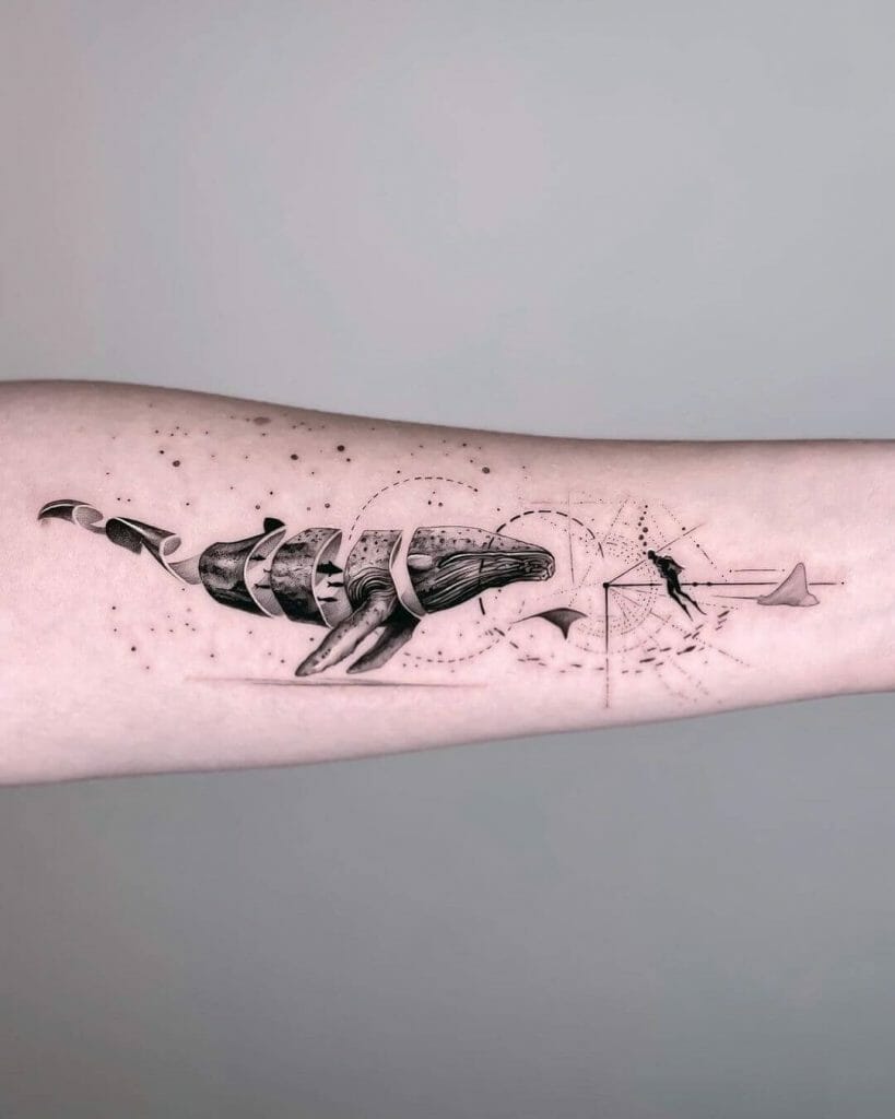 Whale And Scuba Diver Hand Tattoo
