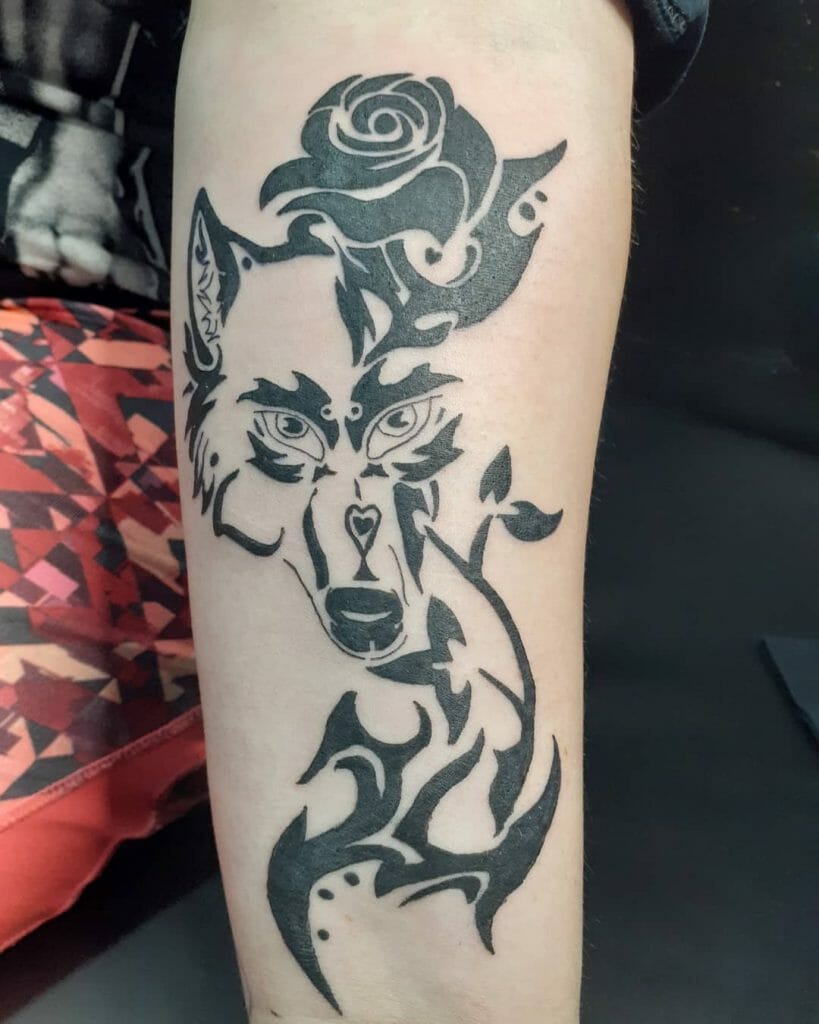 Wolf And Tribal Rose Tattoo