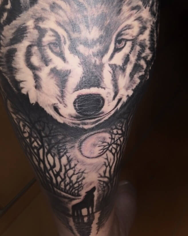Wolf Monochromatic Portrait Tattoo