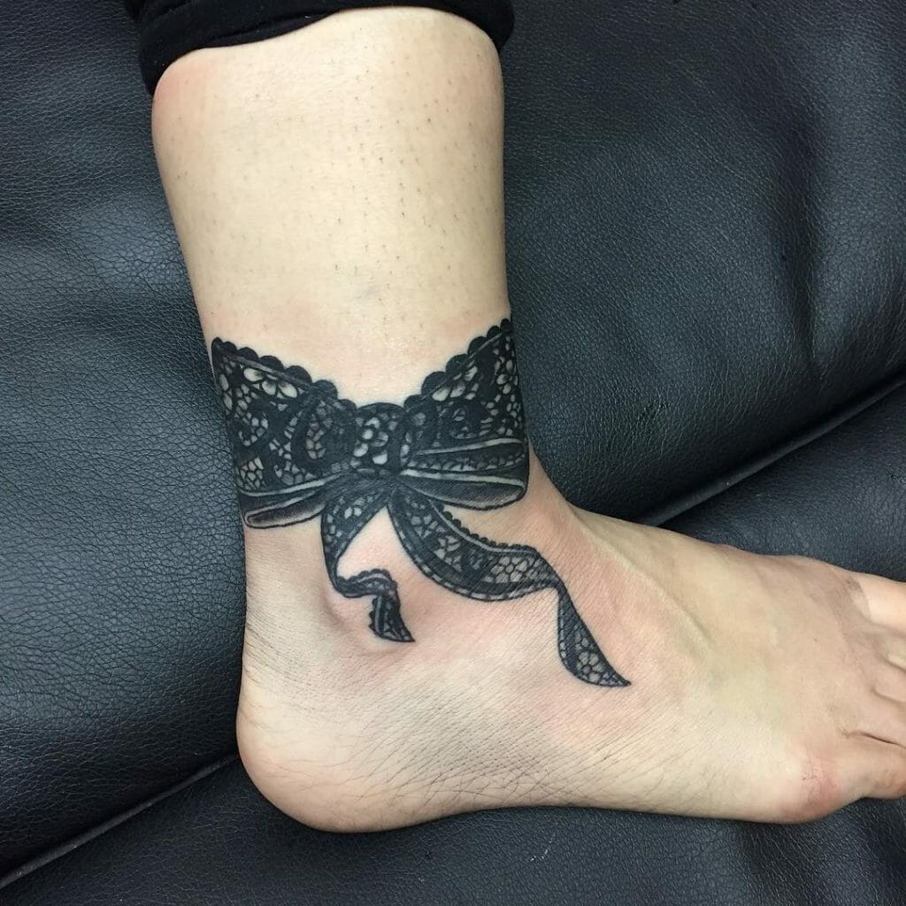 All-Black Lace Bow Tattoo On Ankle