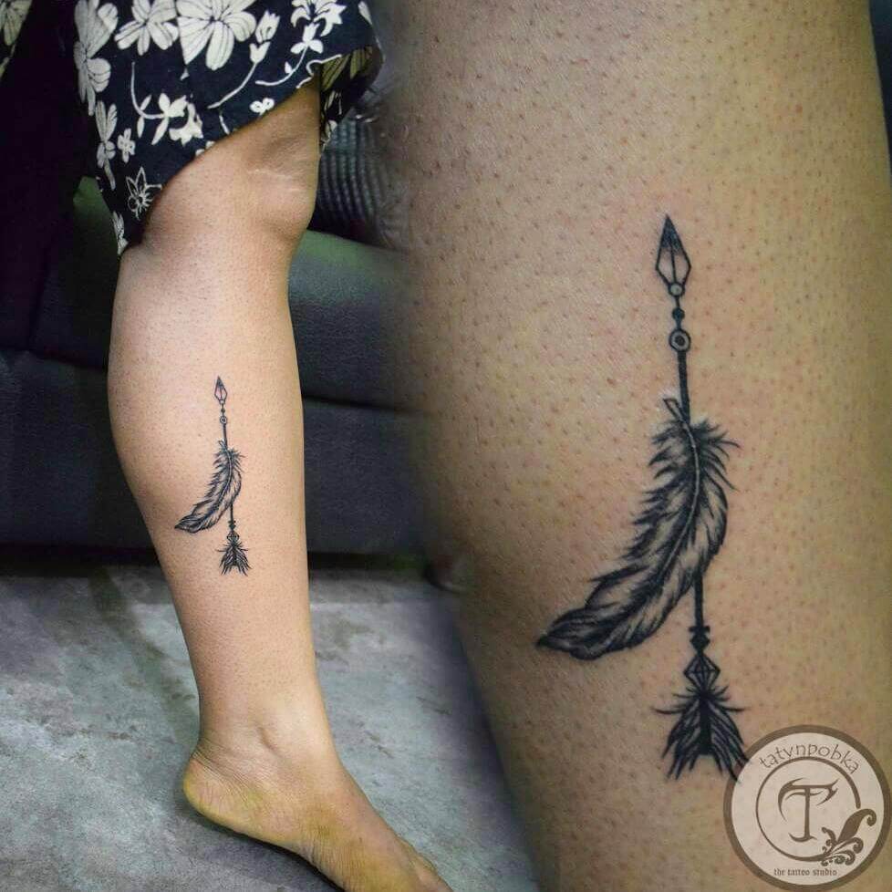 Arrow And Feather Small Inner Calf Tattoo