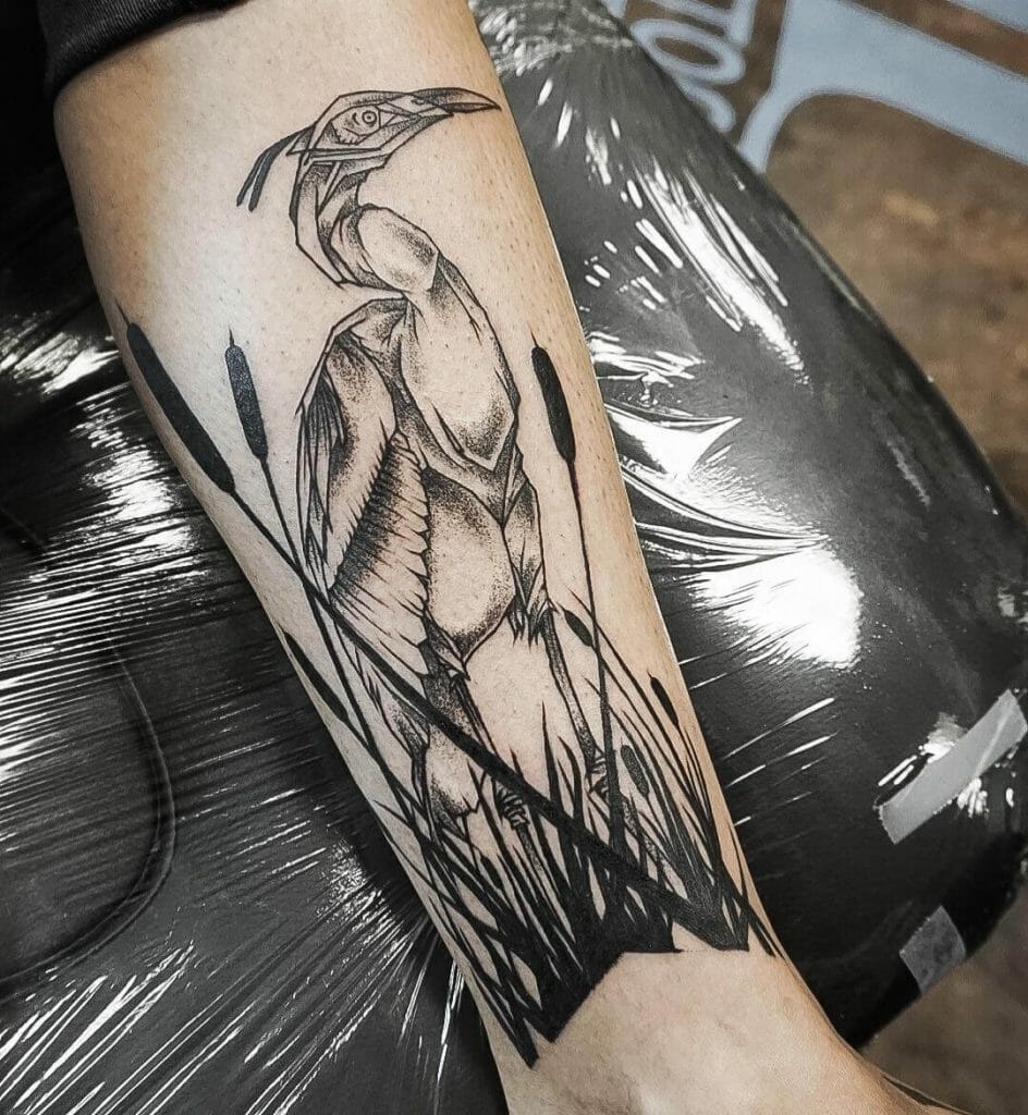 Black Egret Bird Inner Calf Tattoo