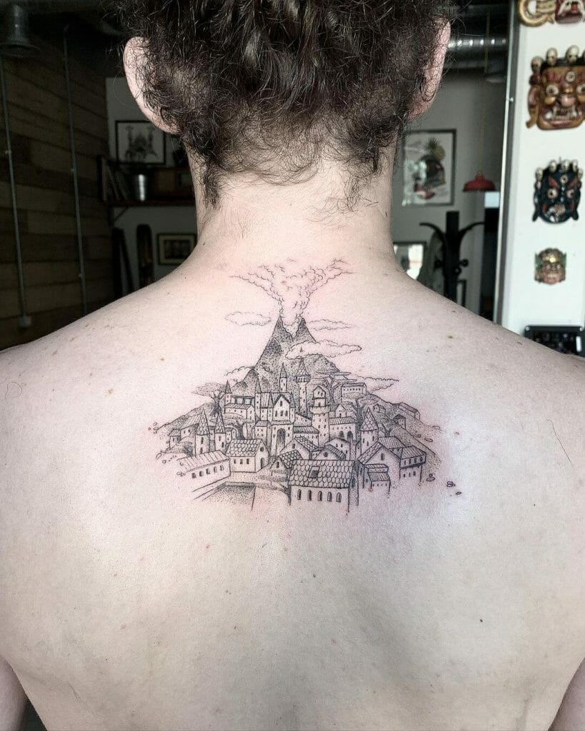 Blackwork Volcano Tattoo With Cityscape View