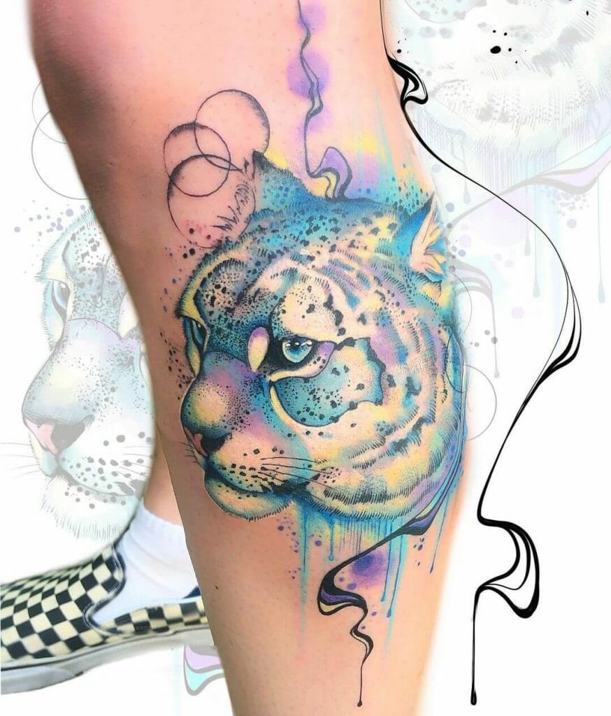 Blue Colored Face Of Snow Leopard Tattoo