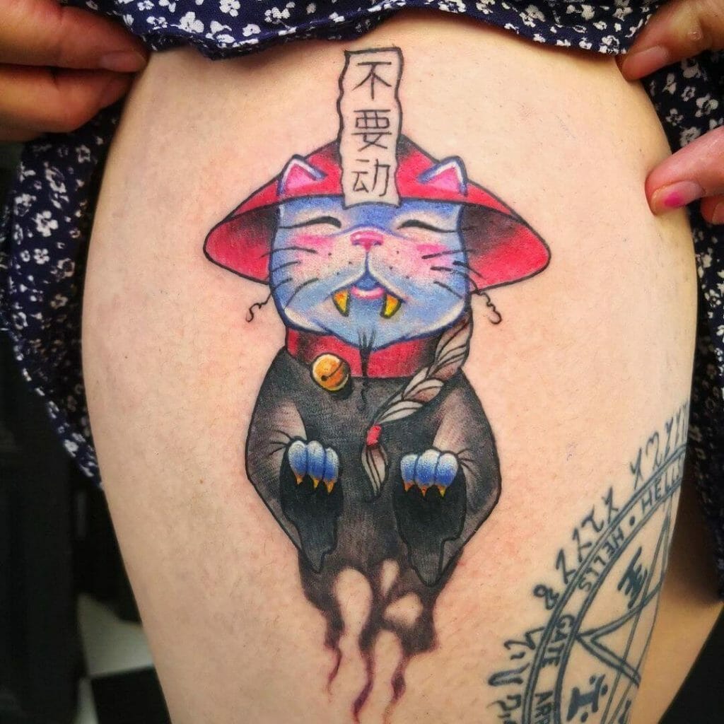 Cat As A Chinese Demon Tattoo Design