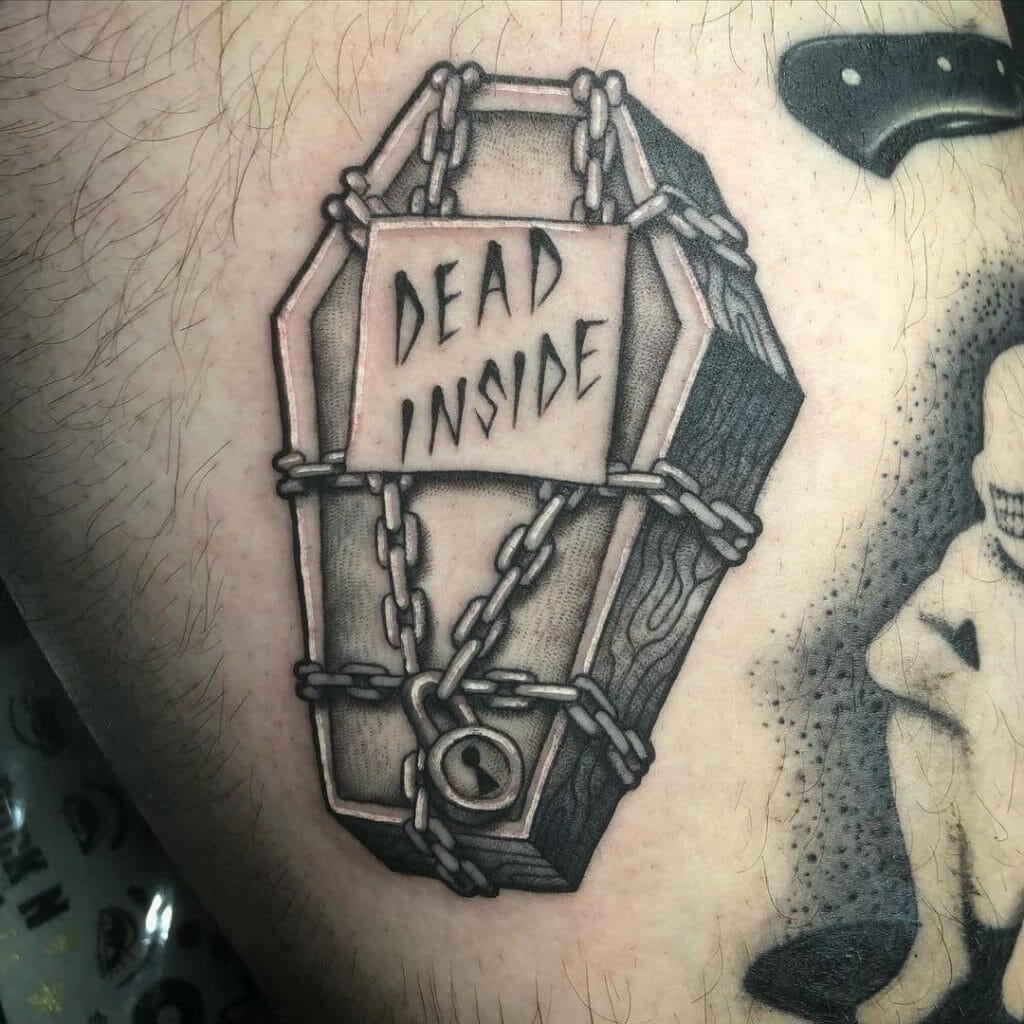 Coffin Labelled "Dead Inside" Tattoo Design