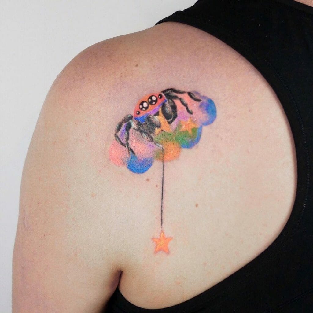 Colourful Jumping Spider Tattoo With Star