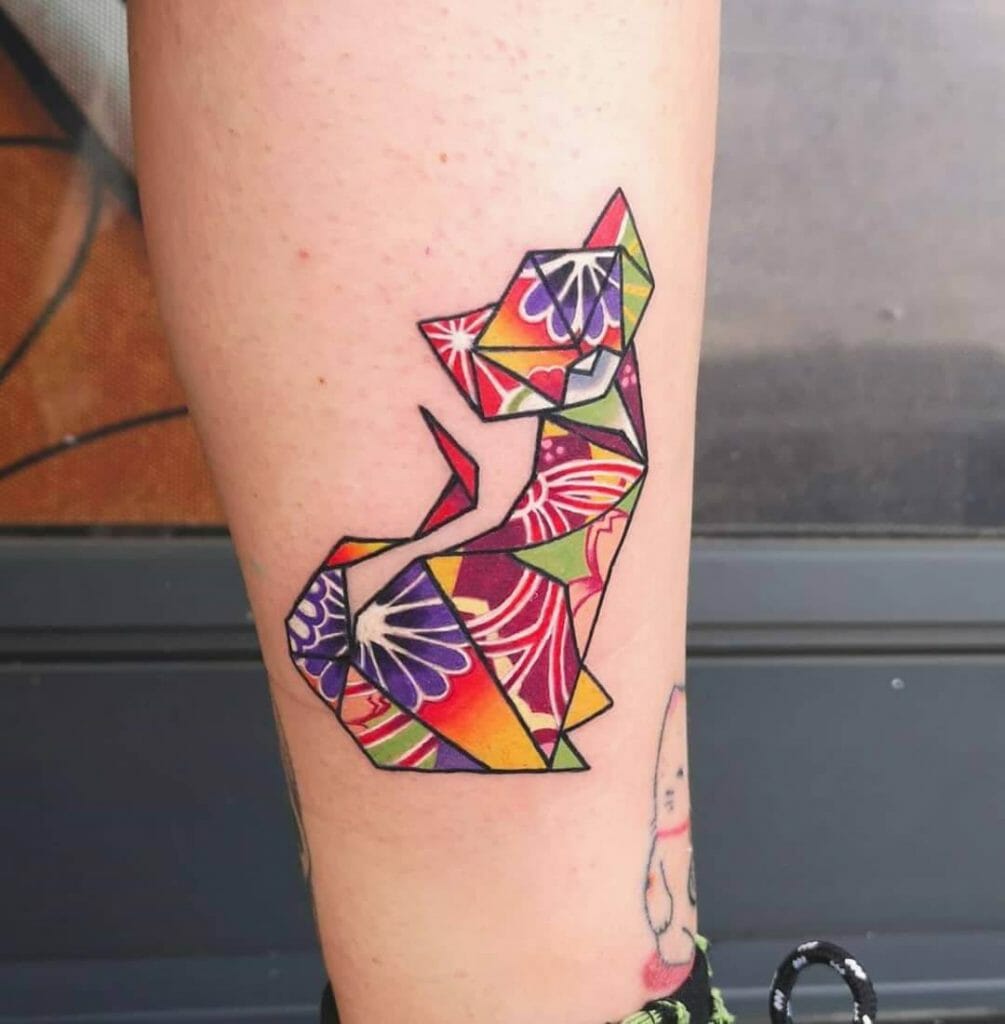 Colourful Origami Cat Tattoo