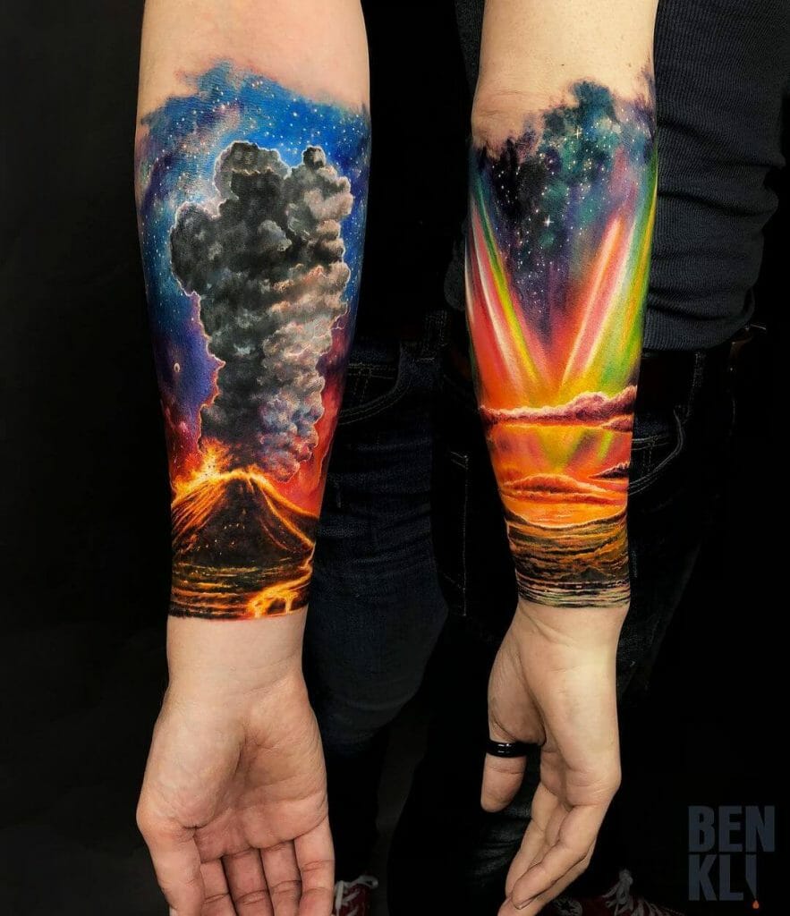 Colourful Volcano Tattoo Sleeve