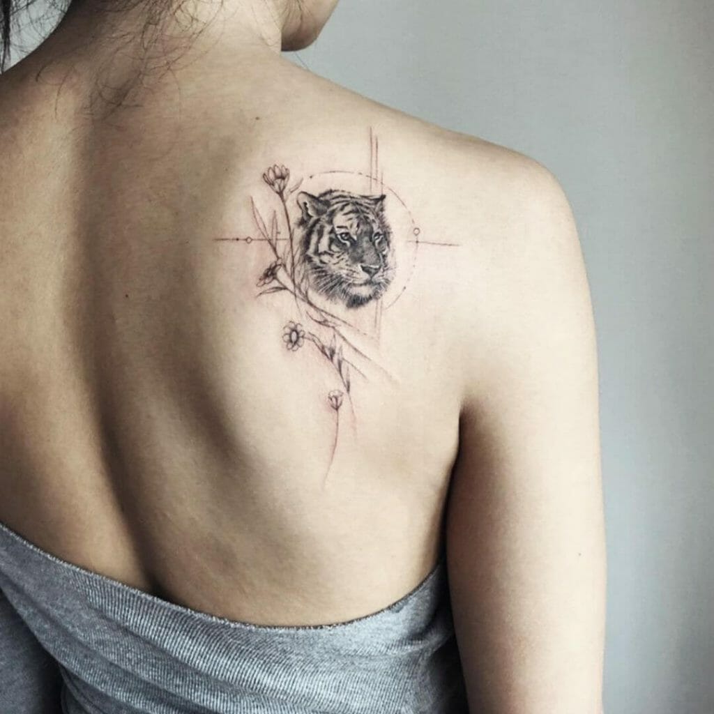 Cool Meaningful Tattoo With Tiger And Flowers