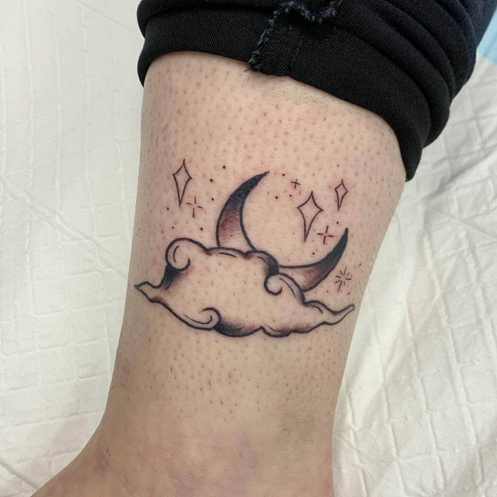 Crescent Moon In The Cloud With Stars Tattoo Design