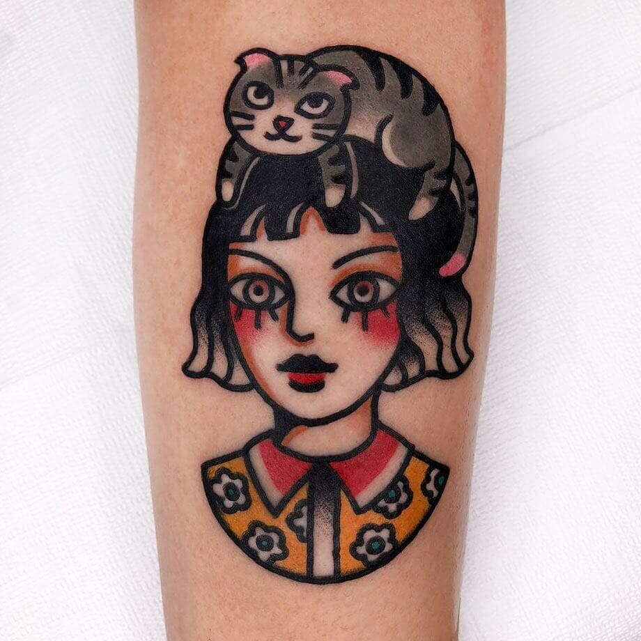 Cute Cat Memorial Tattoo Design With The Owner