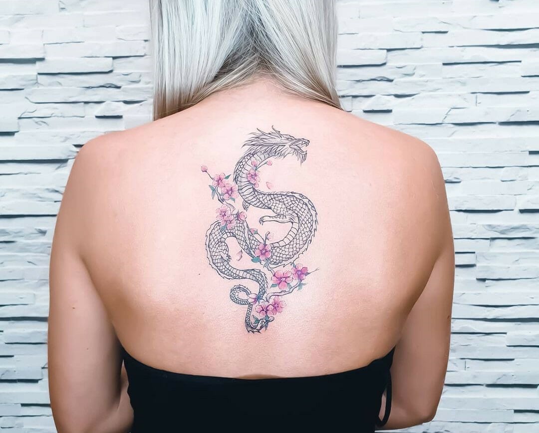Beautiful Asian woman, dragon tattoo on her back.: Graphic #48243621