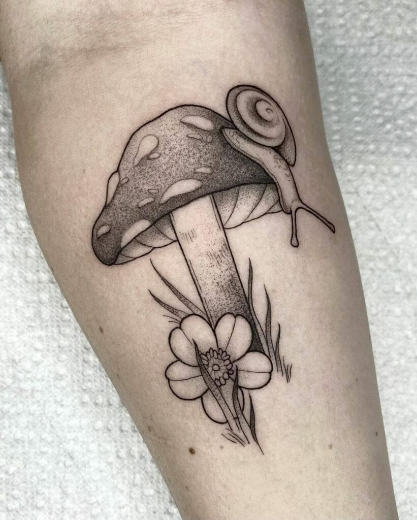 Cute Snail Tattoos On A Mushroom