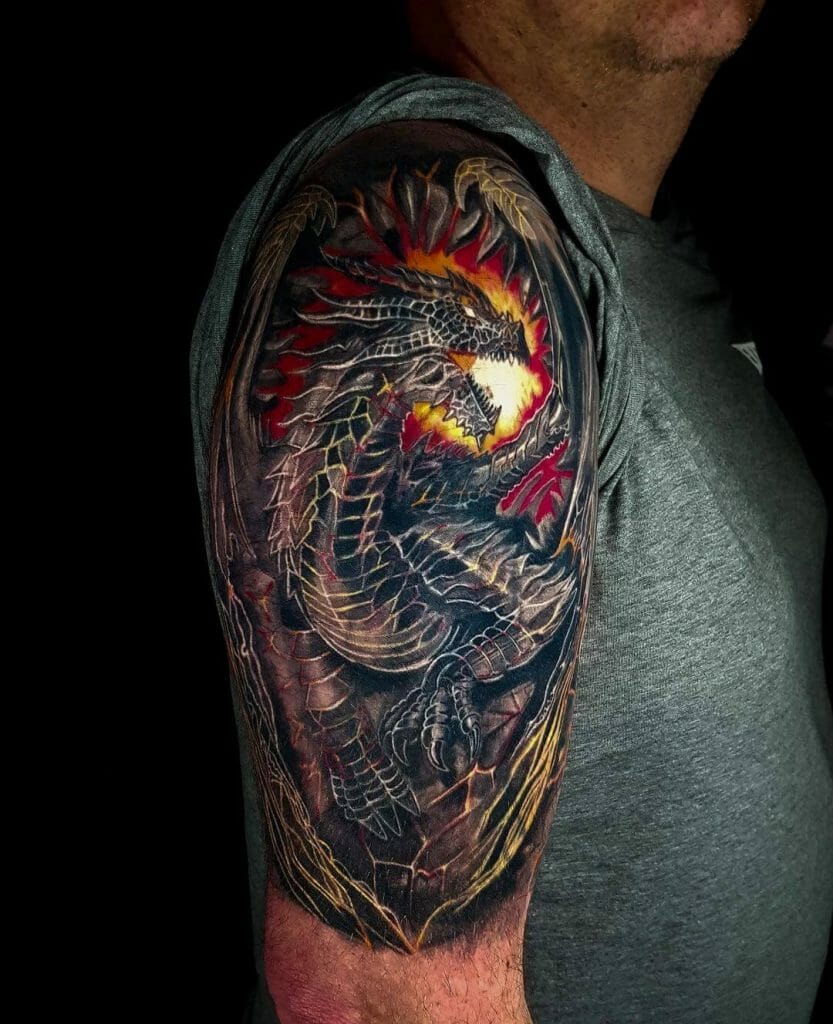 Elaborate And Vivid Fire Breathing Dragon Sleeve Tattoo