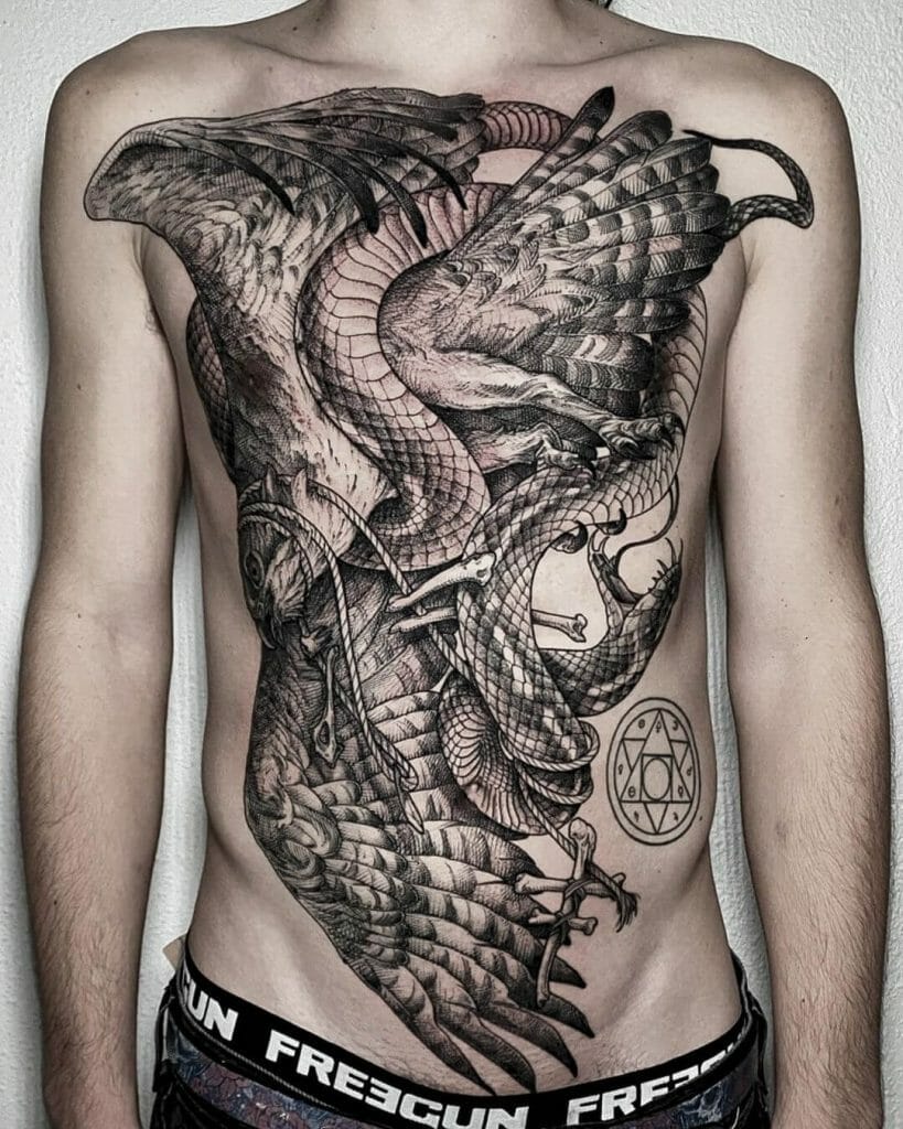 Engle With Snake Engraving Tattoo Design