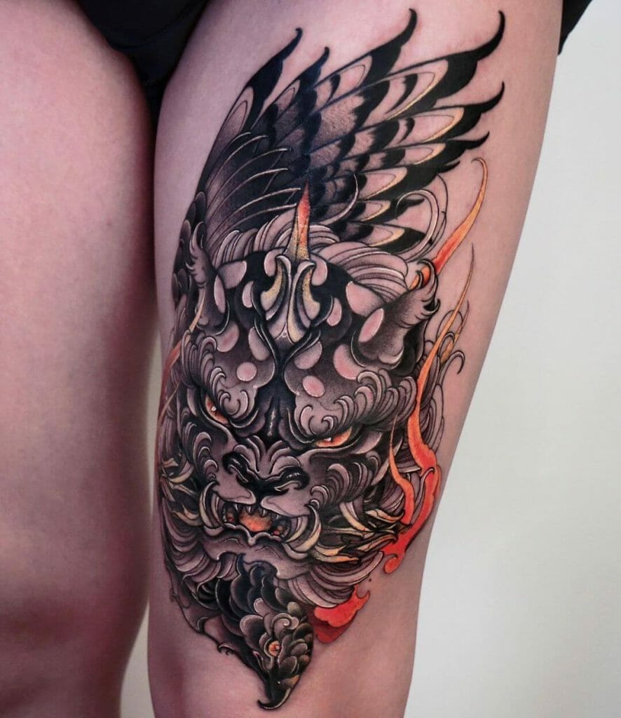 Fiery Komainu Tattoo On The Leg