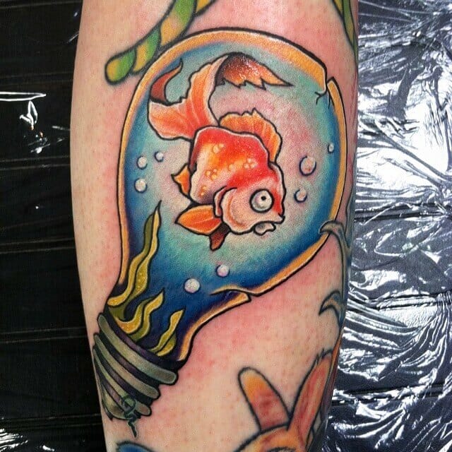Fish And Lightbulb Calf Tattoo