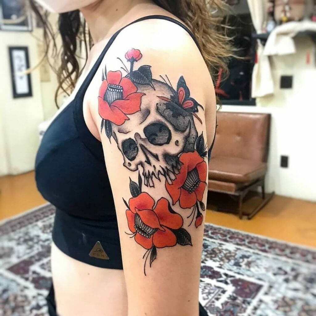 Floral Japanese Skull Tattoo With Butterflies