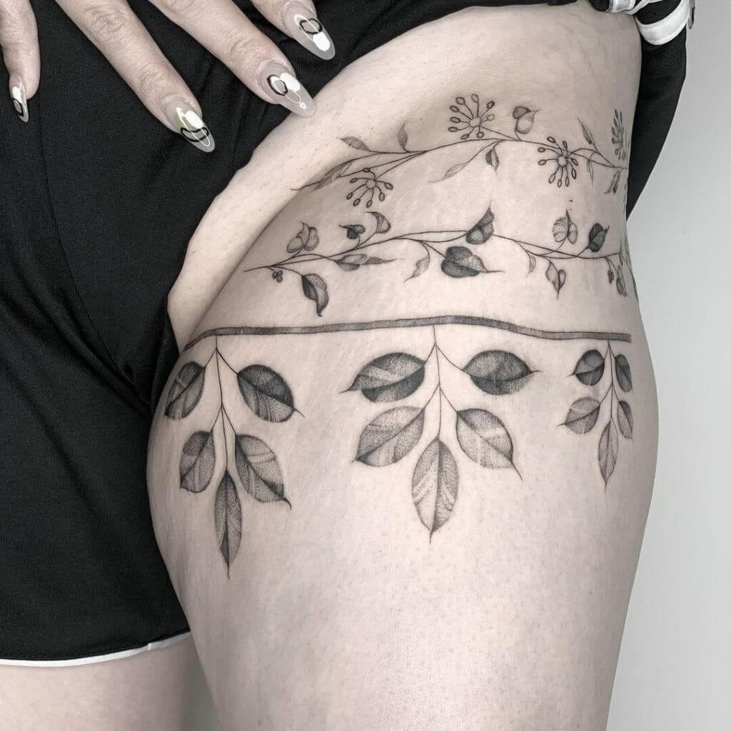 Floral Leaf Vine Tattoo On Leg