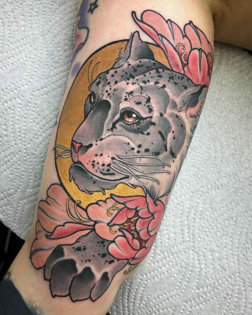 Flowers And Sun With Snow Leopard Tattoo
