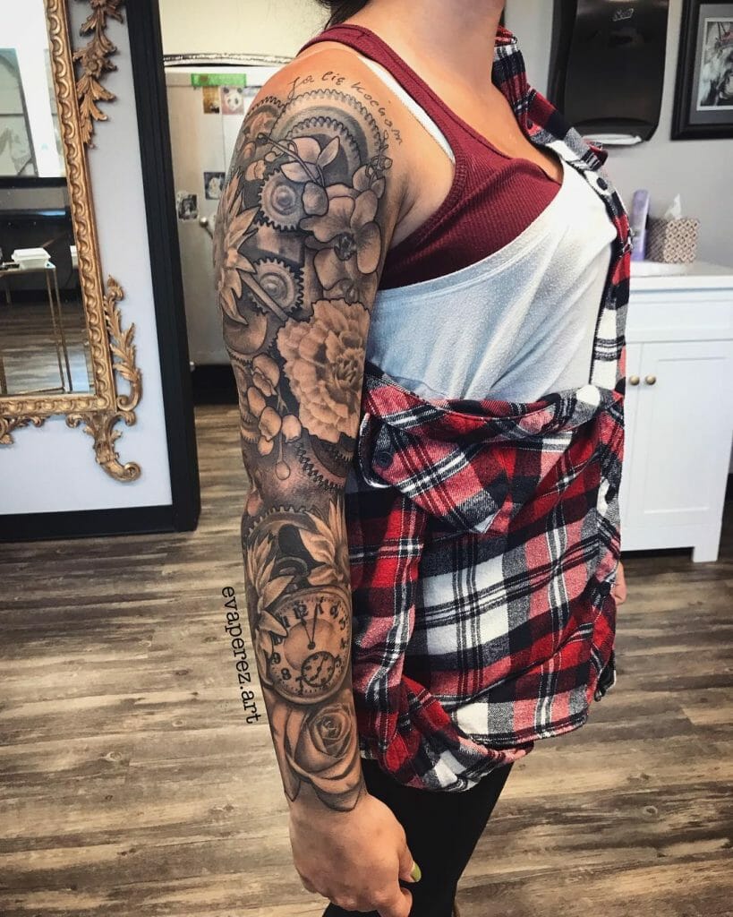 Gear Arm Sleeve Tattoo With Flowers