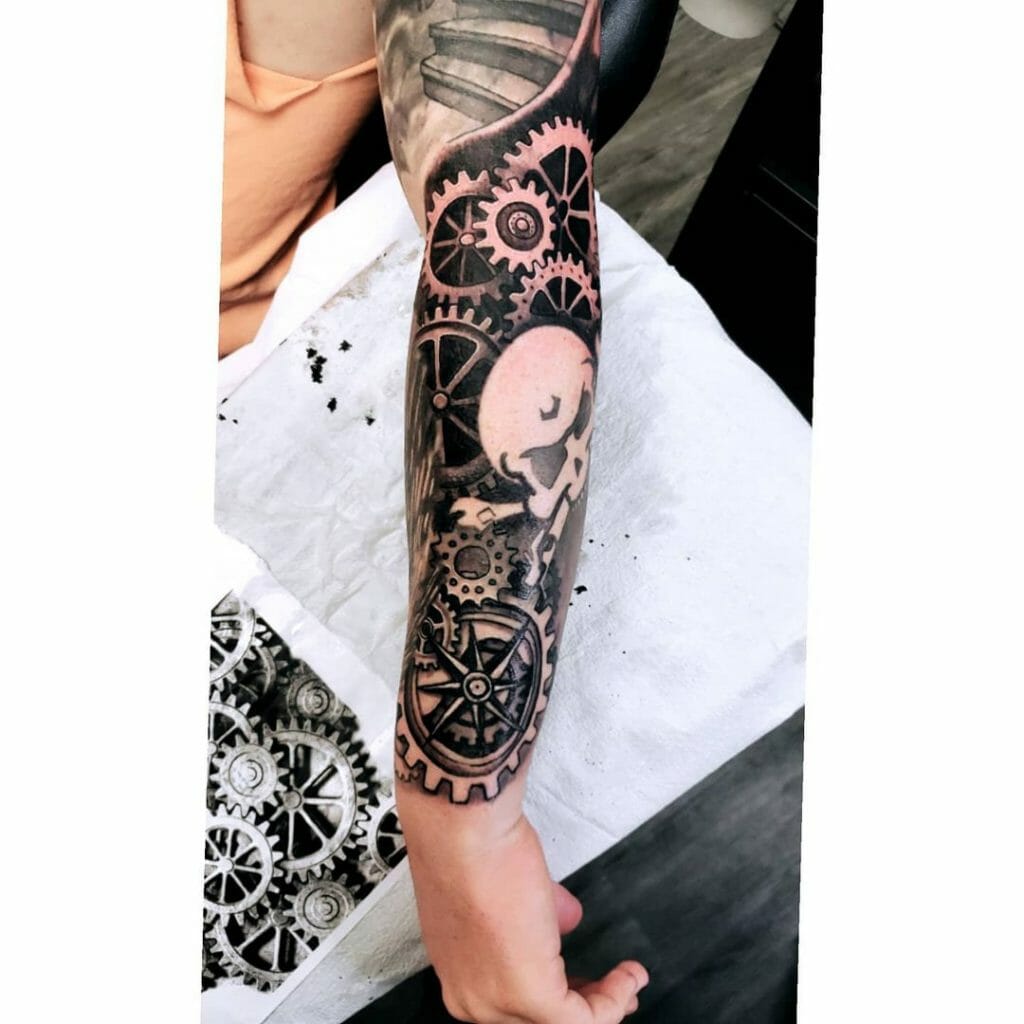 Gear Sleeve Tattoo Designs For Men With Skulls