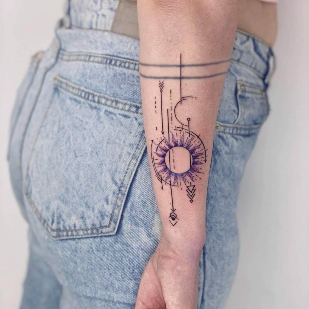 Geometric Sun Tattoo With Color Design