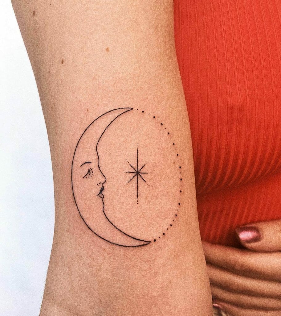 Hand-poked Crescent Moon With Stars Tattoo Design