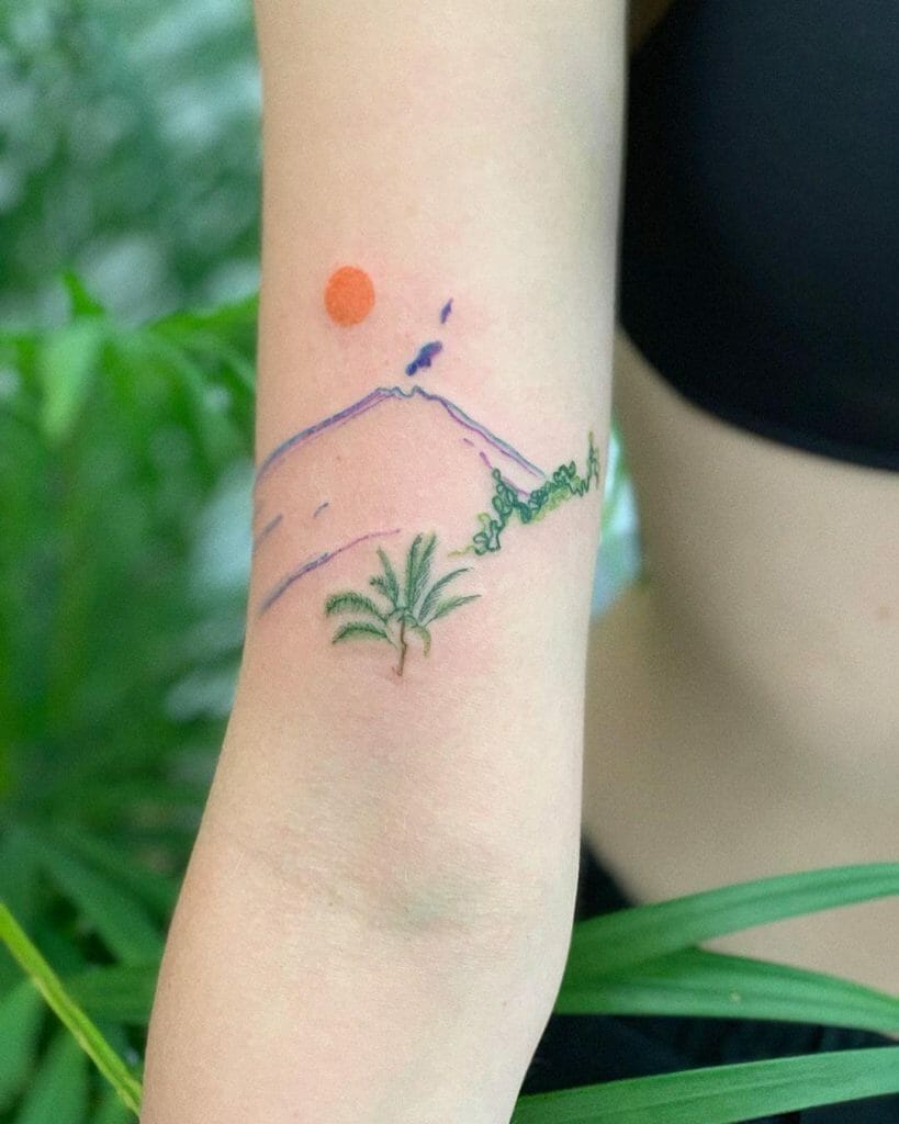 Hawaiian Volcano Tattoo With Palm Trees