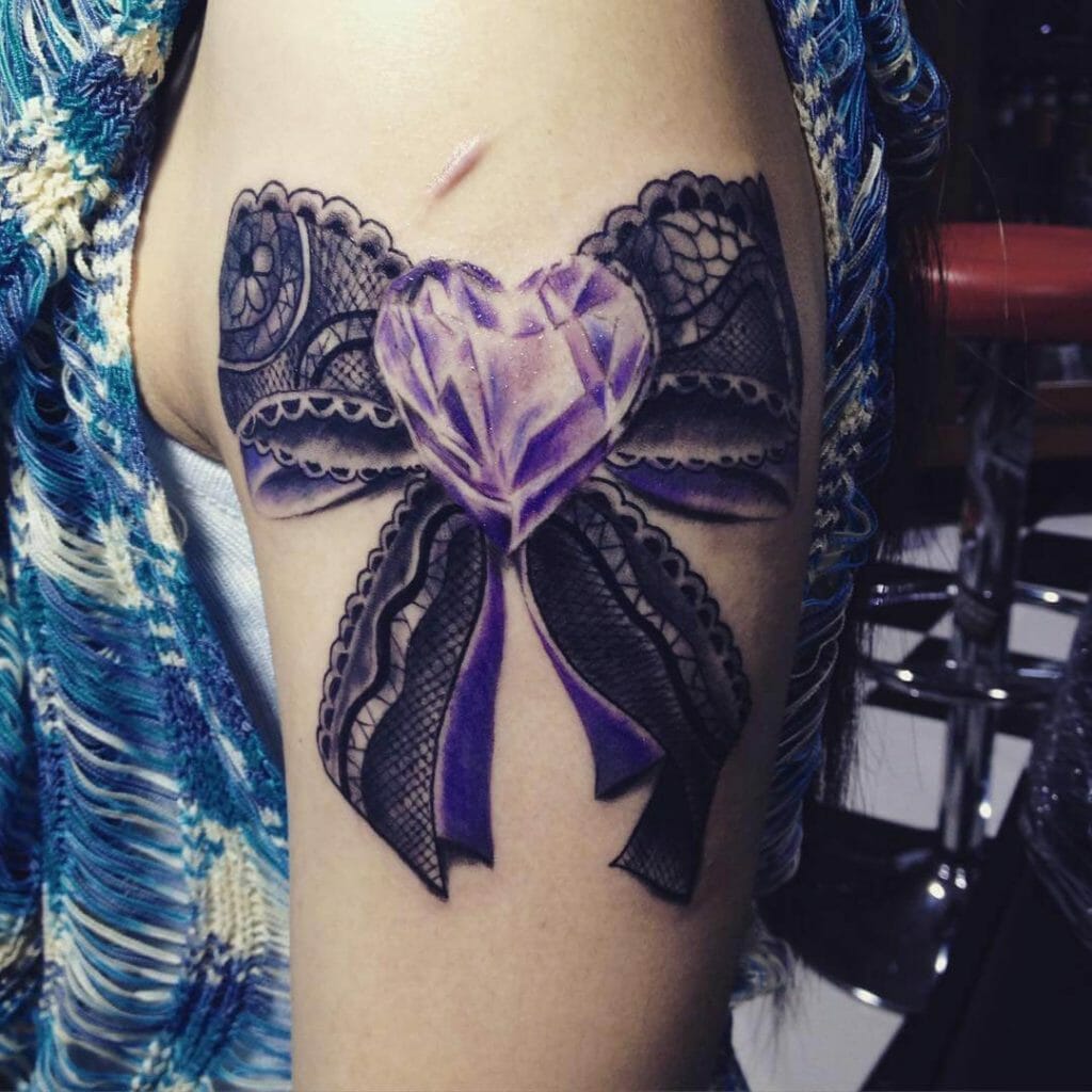 Lace Bow Tattoo Designs With Crystal Heart