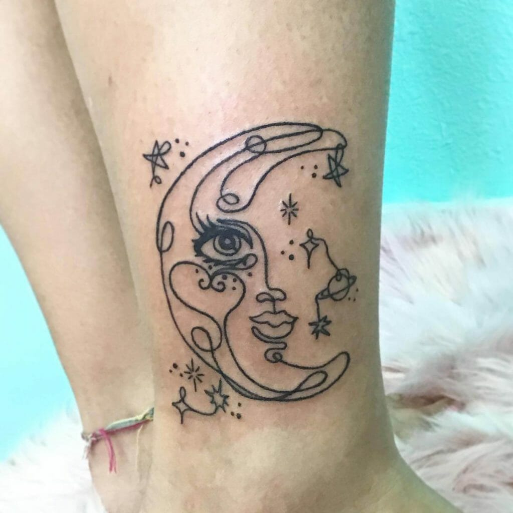 Line Drawing Crescent Moon With Stars Tattoo Design