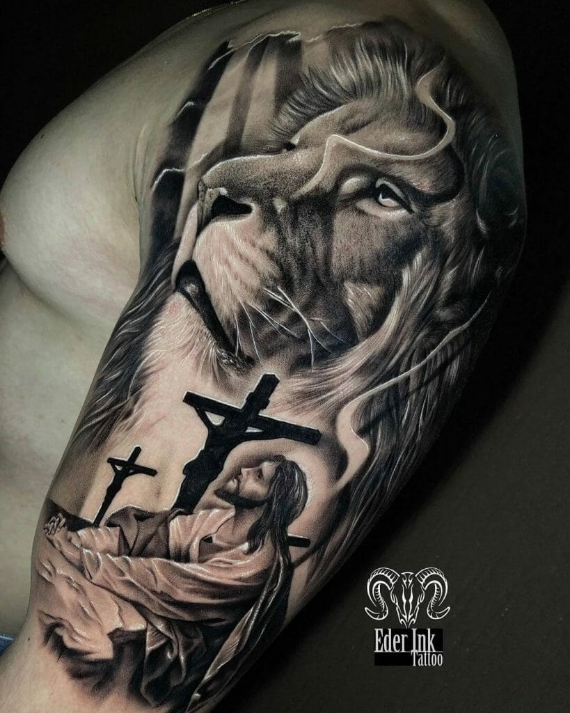 Lion, Cross And Jesus Tattoos
