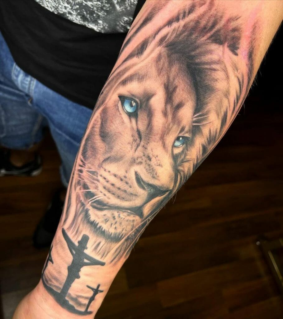 Lion with Three Cross Tattoos